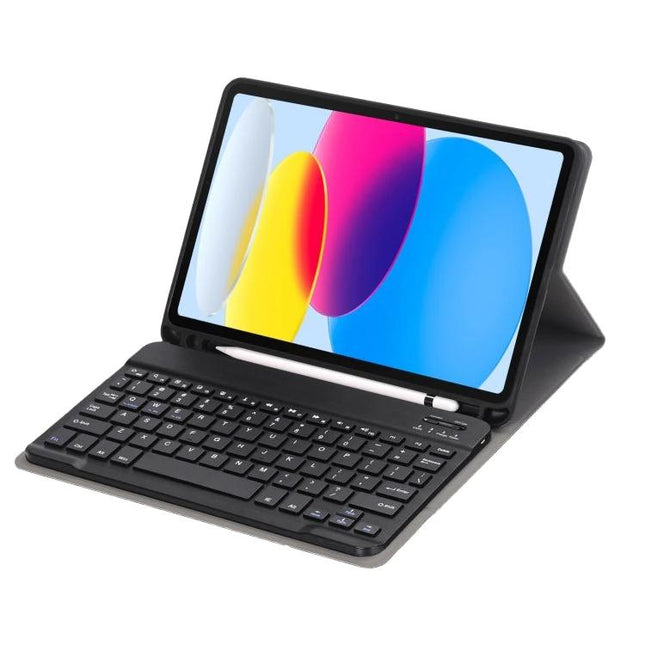 Lambskin Texture Bluetooth Keyboard Case for iPad 10th Generation in black showing tablet stand and detachable keyboard for students and professionals