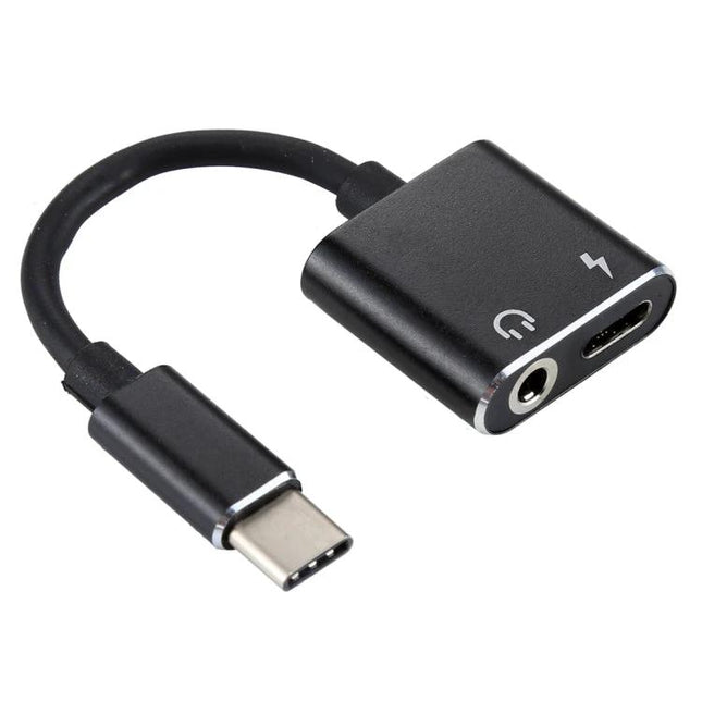 USB-C Adapter for Everyday Listening and Charging On the Go - black Type-C splitter with 3.5mm jack and charging port