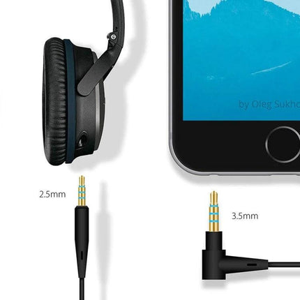 3.5mm to 2.5mm Audio Cable for Headphone Connections showing headphones and smartphone with labeled 2.5mm and 3.5mm gold-plated connectors