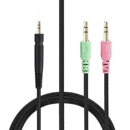 Replacement PC Gaming Headphone Cable for Sennheiser Models – braided black cable with green mic and pink audio 3.5mm stepped connectors