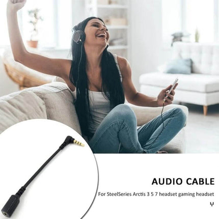 SteelSeries Arctis 3, 5, and 7 Headphone Adapter Cable shown with woman enjoying music on headphones, 12cm adapter and 1.5m extension