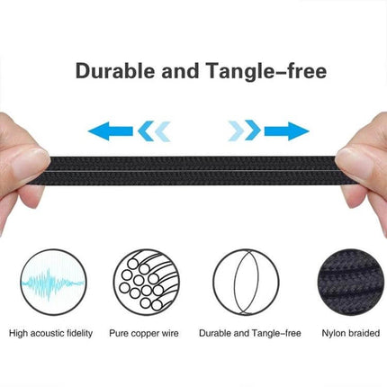 Headphone Audio Cable for Computers and Audio Devices - durable tangle-free nylon braided extension for clear desk or car audio