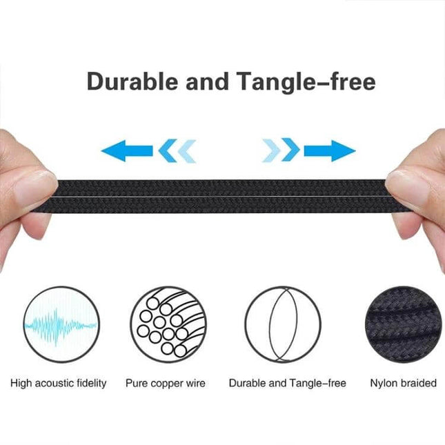 Headphone Audio Cable for Computers and Audio Devices - durable tangle-free nylon braided extension for clear desk or car audio