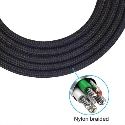 Headphone Audio Cable for Computers and Audio Devices - nylon braided black cable with multi-plug connectors for clear desk or car audio connections