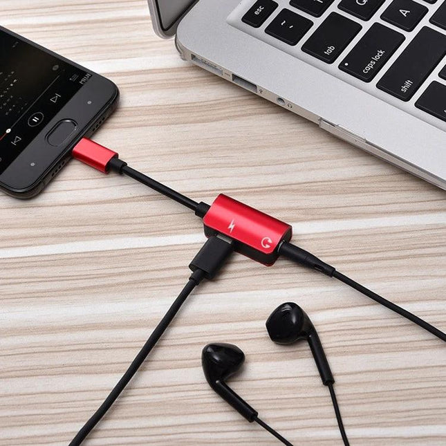 A Compact Accessory for Daily Charging and Music Listening - red 2-in-1 phone adapter charging and audio splitter for commuting