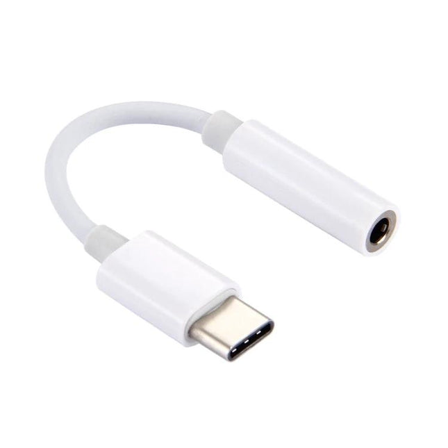 Use this USB-C to 3.5mm adapter for everyday phone audio connections. White compact USB-C to 3.5mm headphone adapter for phones and car aux