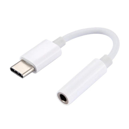 Use this USB-C to 3.5mm adapter for everyday phone audio connections. White compact USB-C to 3.5mm headphone adapter for wired audio