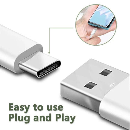 Cable for Charging Devices in Daily Home and Travel Use - white Type-C to USB plug, shown charging smartphone, plug-and-play cable for home and travel