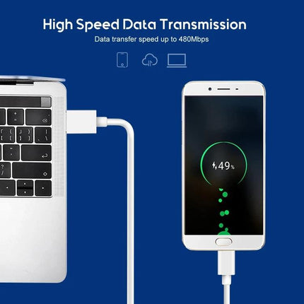 Cable for Charging Devices in Daily Home and Travel Use showing Type-C cable connected between laptop and smartphone charging at 49%