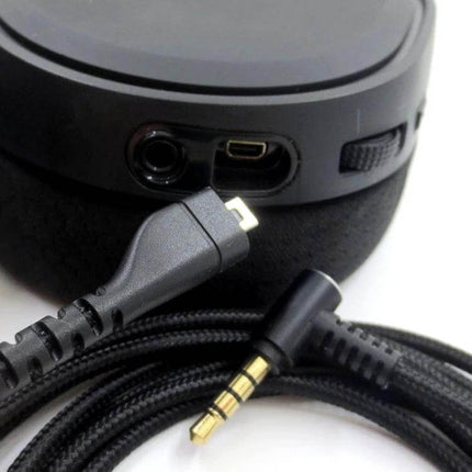 Braided USB Audio Cable for SteelSeries Arctis Headphones connected to Arctis headset showing braided cord, USB micro plug and 3.5mm gold audio jack
