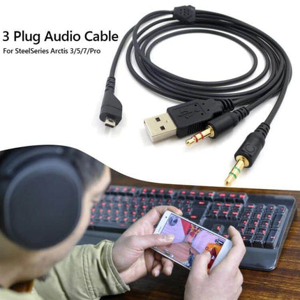 2-Meter 3-Prong Audio Cable for SteelSeries Arctis Headphones – replacement 2m 3-prong PC audio cable with USB and dual 3.5mm connectors for gaming