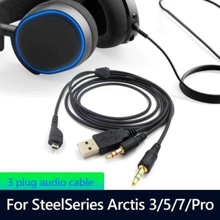 2-Meter 3-Prong Audio Cable for SteelSeries Arctis Headphones shown coiled with USB and 3-prong connectors next to Arctis headset