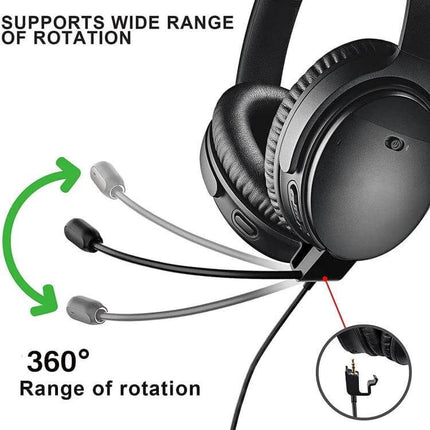 Replacement Audio Cable for Bose QC45 Headphones attached to headphones showing 360° rotating microphone and 3.5mm plug