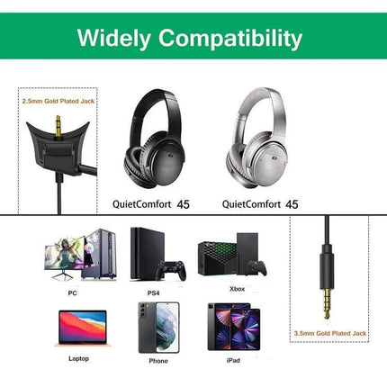 Replacement Audio Cable for Bose QC45 Headphones - 2.5mm to 3.5mm gold-plated jack showing compatibility with PC, PS4, Xbox, laptop, phone, iPad