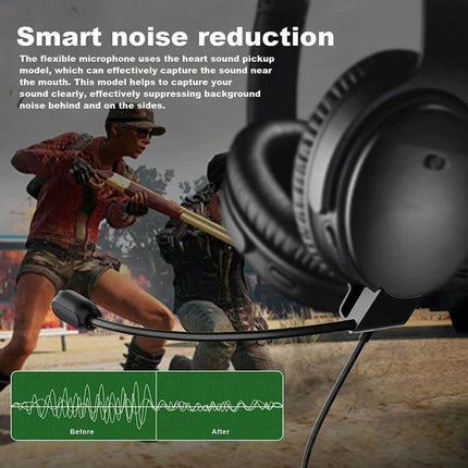 Replacement Audio Cable for Bose QC45 Headphones attached to headset with boom mic, showing smart noise reduction and before/after waveform