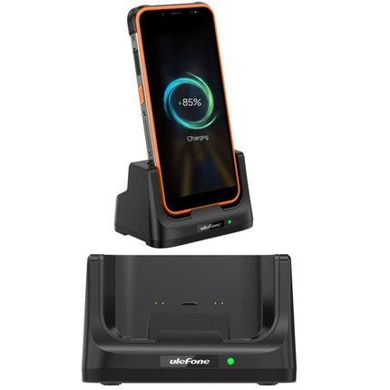 Ulefone Desk Charging Dock for Daily Phone Use at Home showing Ulefone Power Armor 16 Pro charging upright on a desk dock