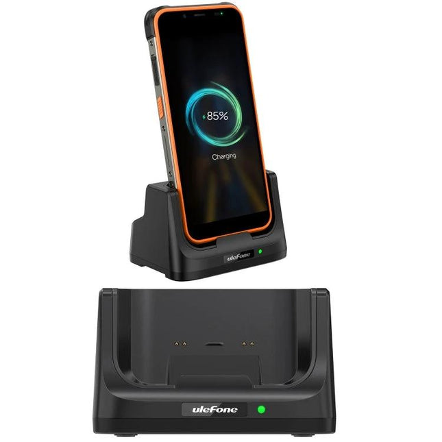 Ulefone Desk Charging Dock for Daily Phone Use at Home showing Ulefone Power Armor 16 Pro charging upright on a desk dock