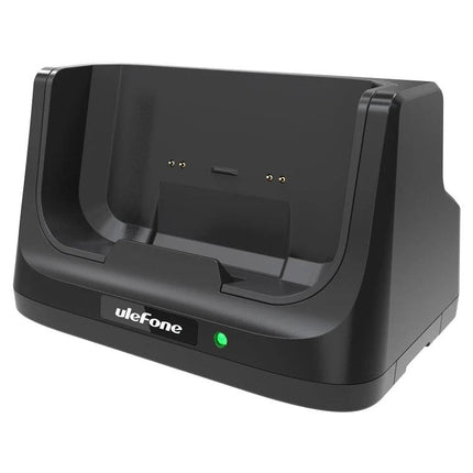 Ulefone Desk Charging Dock for Daily Phone Use at Home shown on a desk holding a USB Type-C Ulefone Power Armor 16 Pro with LED charge indicator