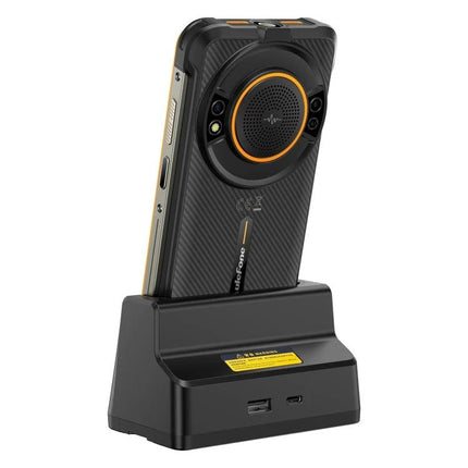 Ulefone Desk Charging Dock for Daily Phone Use at Home - black dock holding Ulefone Power Armor 16 Pro at viewing angle, USB Type-C charging