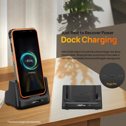 Ulefone Desk Charging Dock for Daily Phone Use at Home holding phone at optimal angle for charging and viewing