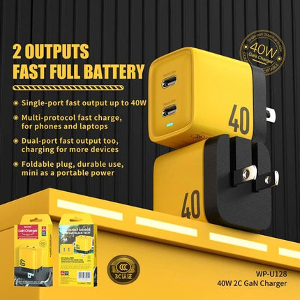 Reliable USB-C Charger for Daily Device Use at Home and On Trips - yellow dual-port 40W GaN charger with foldable plug