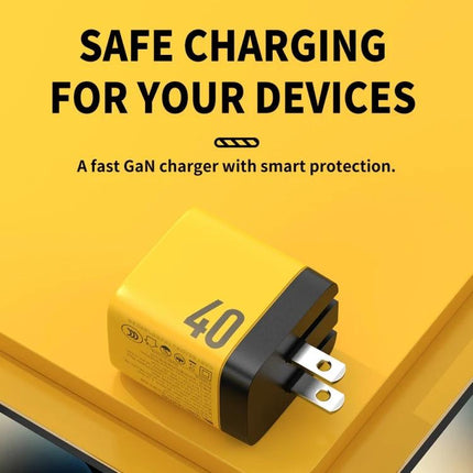 Reliable USB-C Charger for Daily Device Use at Home and On Trips - yellow 40W GaN dual USB-C wall charger shown on yellow background