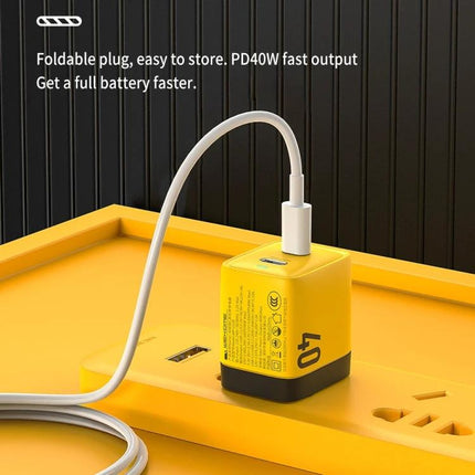 Reliable USB-C Charger for Daily Device Use at Home and On Trips - yellow PD40W dual-port charger with foldable plug charging smartphone and tablet