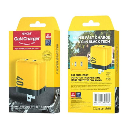 Reliable USB-C Charger for Daily Device Use at Home and On Trips - yellow dual-port 40W GaN charger in retail packaging