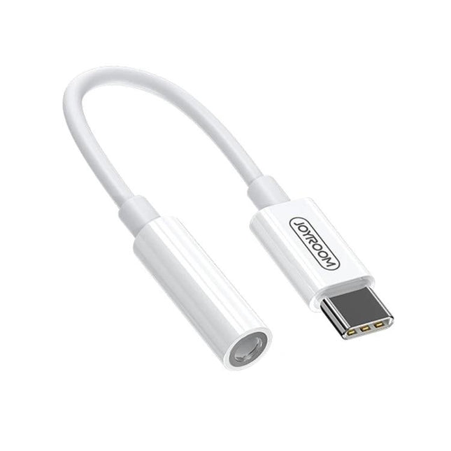 Joyroom Adapter for Daily USB-C Audio Connections — white USB-C to 3.5mm audio adapter for music, calls, and charging convenience