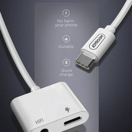 Joyroom Adapter for Daily USB-C Audio Connections — white USB-C to 3.5mm and charging splitter for music, calls and quick charge