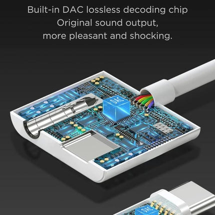Joyroom Adapter for Daily USB-C Audio Connections showing internal DAC chip and 3.5mm jack circuitry