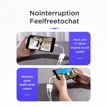 Joyroom Adapter for Daily USB-C Audio Connections showing phone with USB-C to 3.5mm adapter for music, calls and gaming while charging