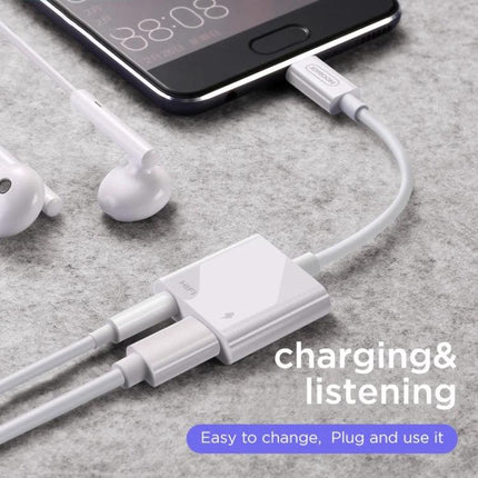 Joyroom Adapter for Daily USB-C Audio Connections showing white adapter connected to phone with 3.5mm earphones and charging cable