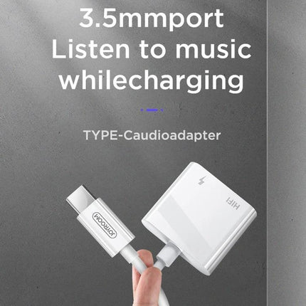 Joyroom Adapter for Daily USB-C Audio Connections white USB-C to 3.5mm audio adapter showing charging and audio ports