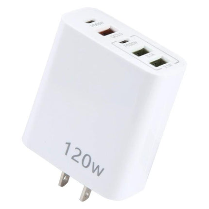 120W Dual PD Type-C USB Charger With 5 Ports US Plug white 120W wall charger with dual PD, QC3.0 and two USB ports for phones and tablets