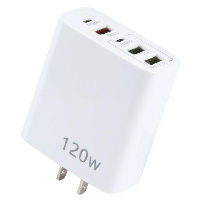 120W Dual PD Type-C USB Charger With 5 Ports US Plug white 120W wall charger with dual PD, QC3.0 and two USB ports for phones and tablets