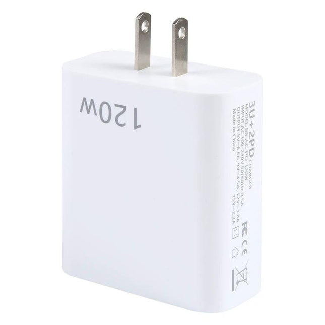 120W Dual PD Type-C USB Charger With 5 Ports US Plug white compact wall charger showing two-prong US plug and 120W marking