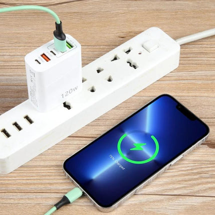 120W Dual PD Type-C USB Charger With 5 Ports US Plug charging smartphone on power strip, PD65W + PD20W + QC3.0 ports visible