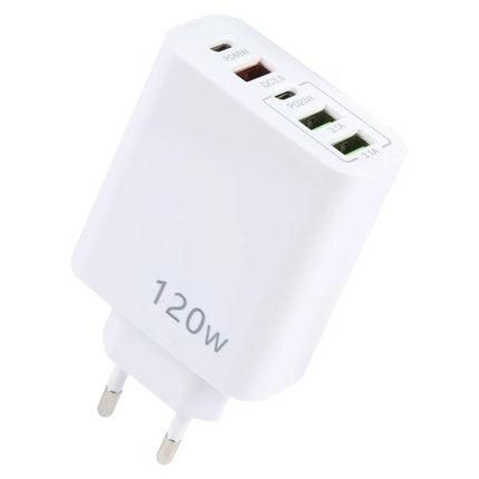 120W Dual PD Type C and Five Port USB Charger EU Plug white 120W EU wall charger with two PD Type-C and three USB ports