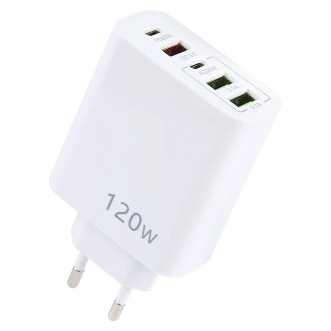 120W Dual PD Type C and Five Port USB Charger EU Plug white 120W EU wall charger with two PD Type-C and three USB ports