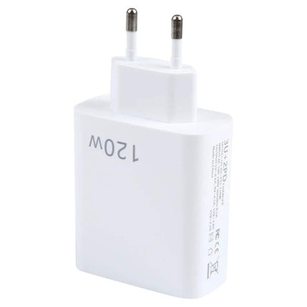 120W Dual PD Type C and Five Port USB Charger EU Plug white EU wall charger with dual PD ports and five-port USB charging