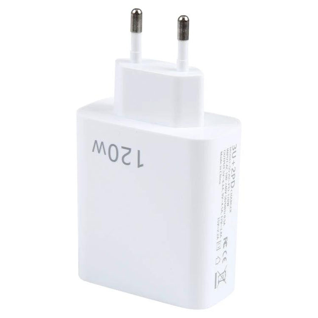 120W Dual PD Type C and Five Port USB Charger EU Plug white EU wall charger with dual PD ports and five-port USB charging