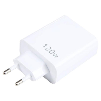 120W Dual PD Type C and Five Port USB Charger EU Plug - white 120W EU wall charger with dual PD Type-C, QC3.0 and two USB ports for phones and tablets