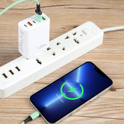 120W Dual PD Type C and Five Port USB Charger EU Plug white 5-port wall charger powering smartphone with green cable