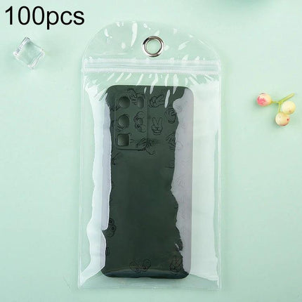 Transparent Self-Sealing Packaging Bags for Phone Cases, 100 Pack, 18x29cm - clear PVC pouch with zip lock holding a phone case