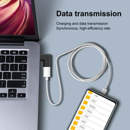 Convenient Elbow Adapter for Everyday Phone Charging Sessions showing Type-C to 8 Pin connector charging a phone while connected to a laptop for data transmission