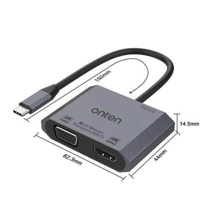 Onten Type-C Adapter for HDMI and VGA Video Output — compact adapter with Type-C cable, HDMI and VGA ports, 150mm cable, dimensions labeled