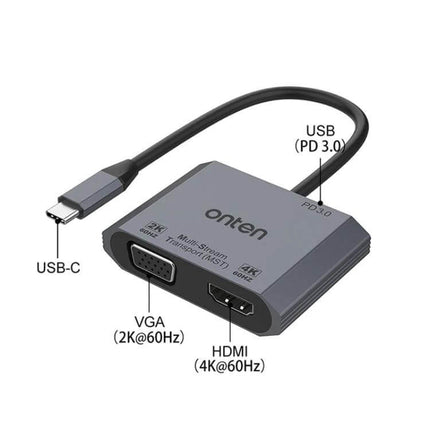 Onten Type-C Adapter for HDMI and VGA Video Output - USB-C to HDMI (4K@60Hz) and VGA (2K@60Hz) with PD charging