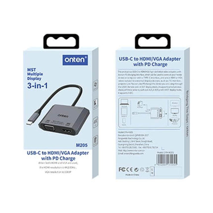 Onten Type-C Adapter for HDMI and VGA Video Output showing product packaging and adapter connecting Type-C to HDMI and VGA