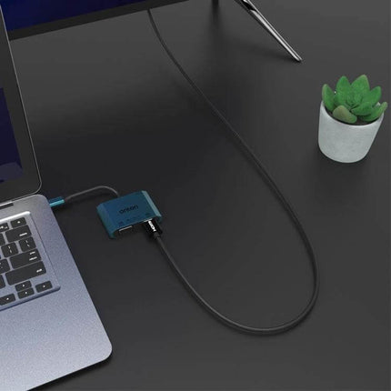 Onten Type-C Adapter for HDMI and VGA Video Output connected to laptop showing HDMI cable and VGA port for presentations